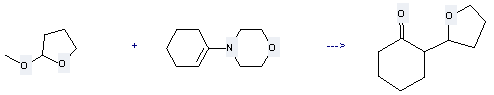 The Furan,tetrahydro-2-methoxy- can react with 4-Cyclohex-1-enyl-morpholine to get 2-(Tetrahydro-2-furanyl)-1-cyclohexanon